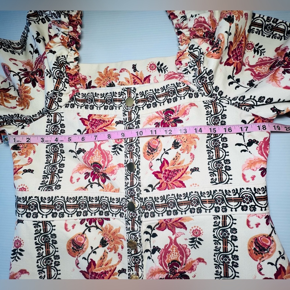 Spartina Catrina Denim Puff Sleeve Dress In Floral Thistle Stripe. Size Medium - Picture 9 of 13